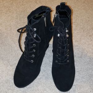Black suede wedge booties w/ laces